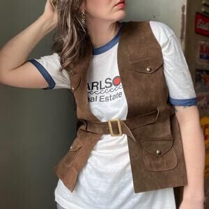 Vintage 70s Suede Belted Vest | Brown Leather Western Revival | Size S